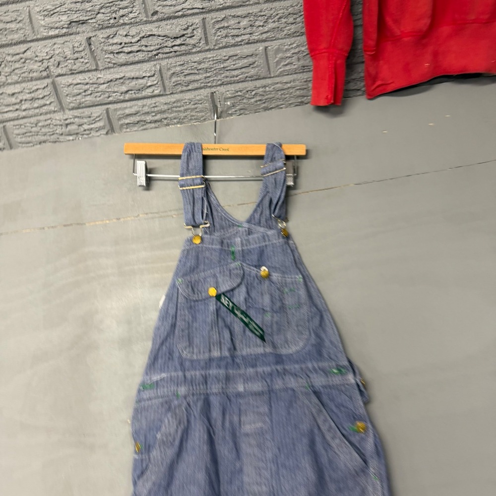 Vintage Key Imperial Hickory Stripe Denim Bib Overall Dress Raw Hem Blue White
